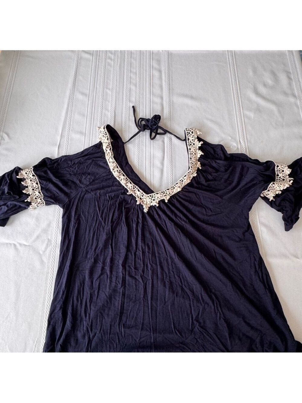 Elegant navy  Lace / crochet Trim Women's Top